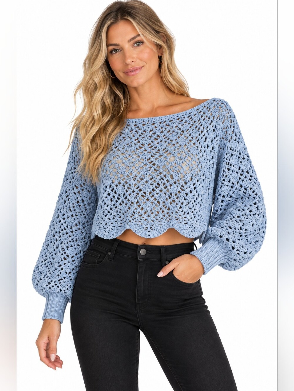 Francesca's Collections Light Blue Crochet Off-Shoulder Crop Sweater